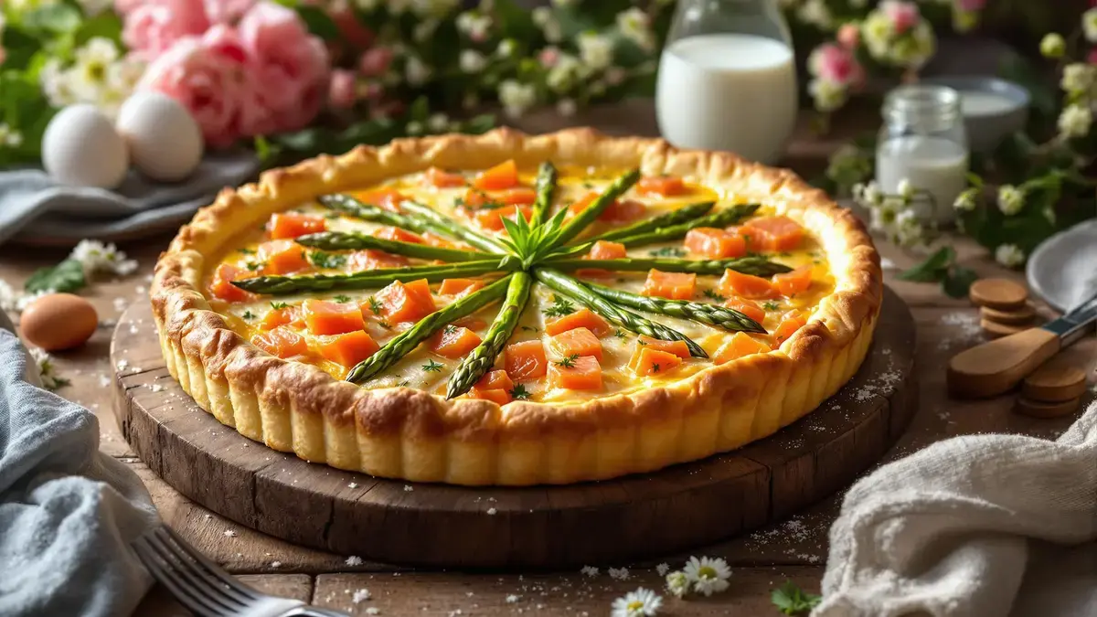Gusta questa deliziosa ricetta di quiche agli asparagi e salmone, una vera delizia!